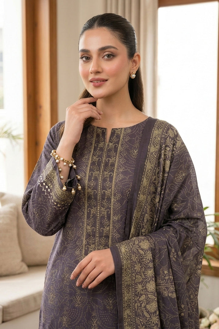 Purple Taupe 3 Piece Unstitched Premium Printed Lawn