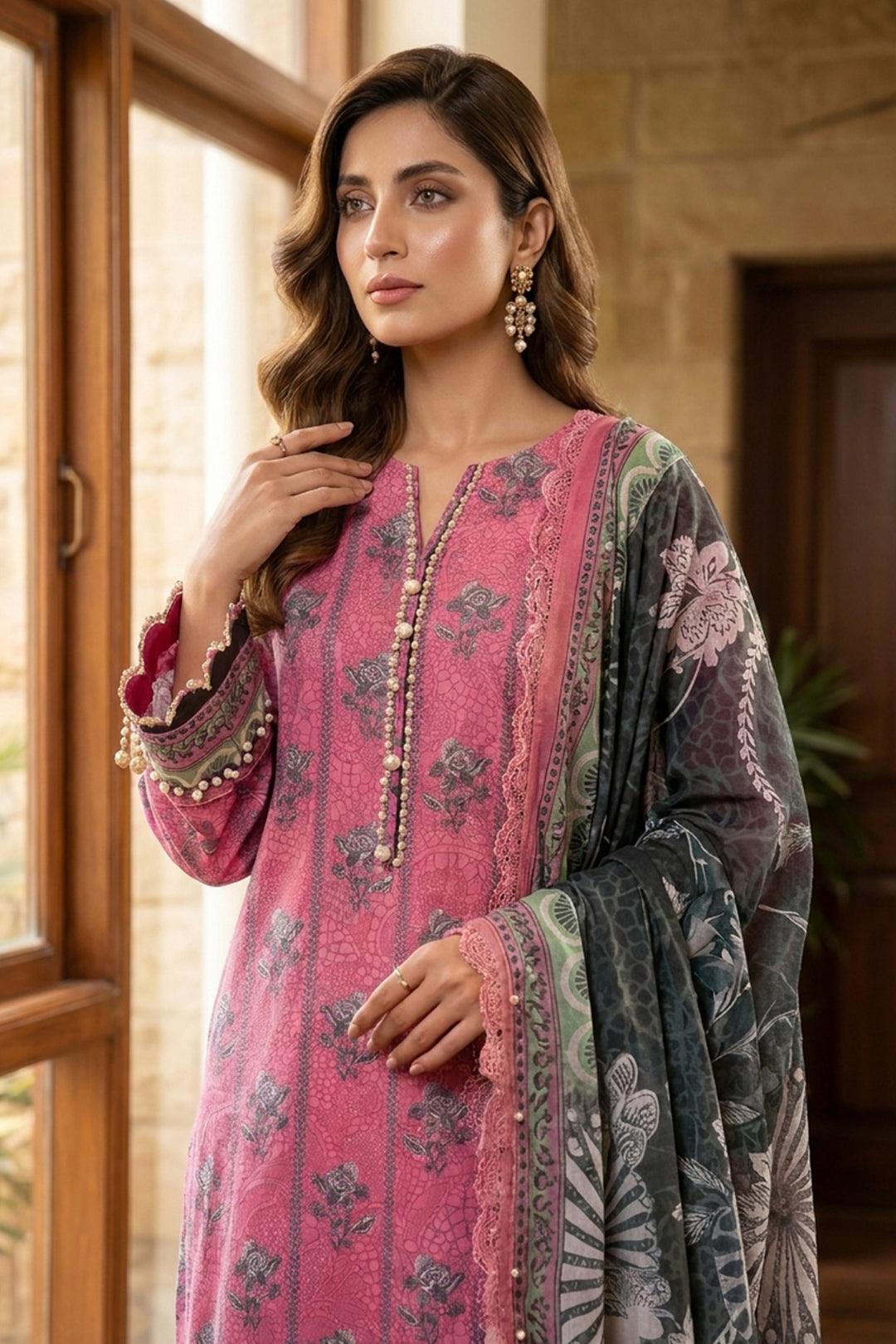 Pink 3 Piece Unstitched Premium Printed Lawn