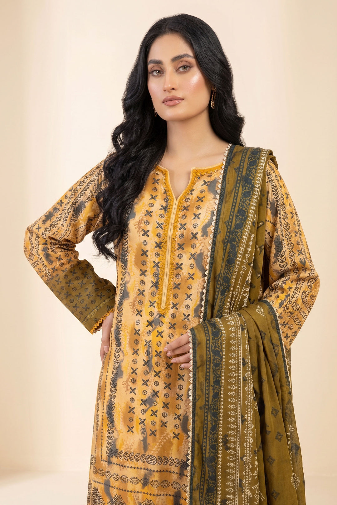 3 Piece Unstitched Apricot Premium Linen