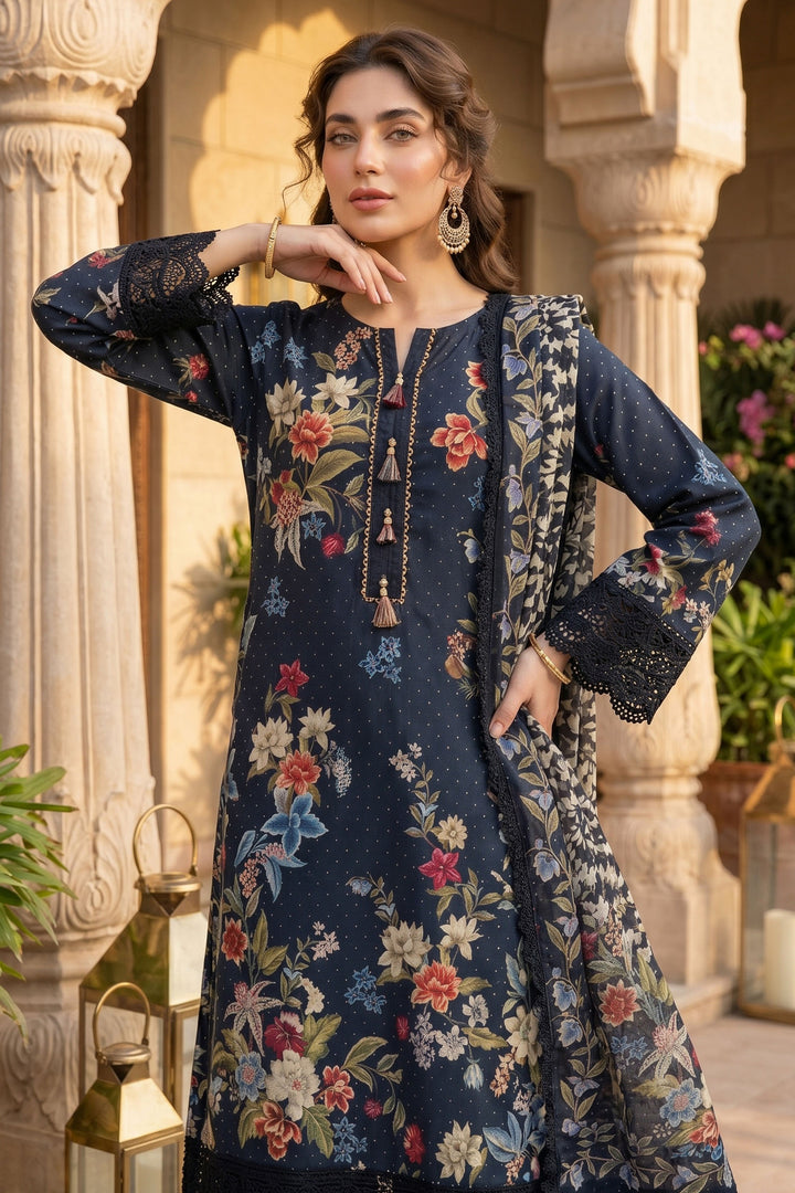 3 Piece Unstitched Black Premium Lawn