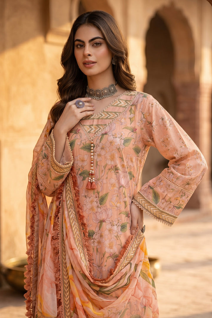 3 Piece Unstitched Peach Premium Lawn
