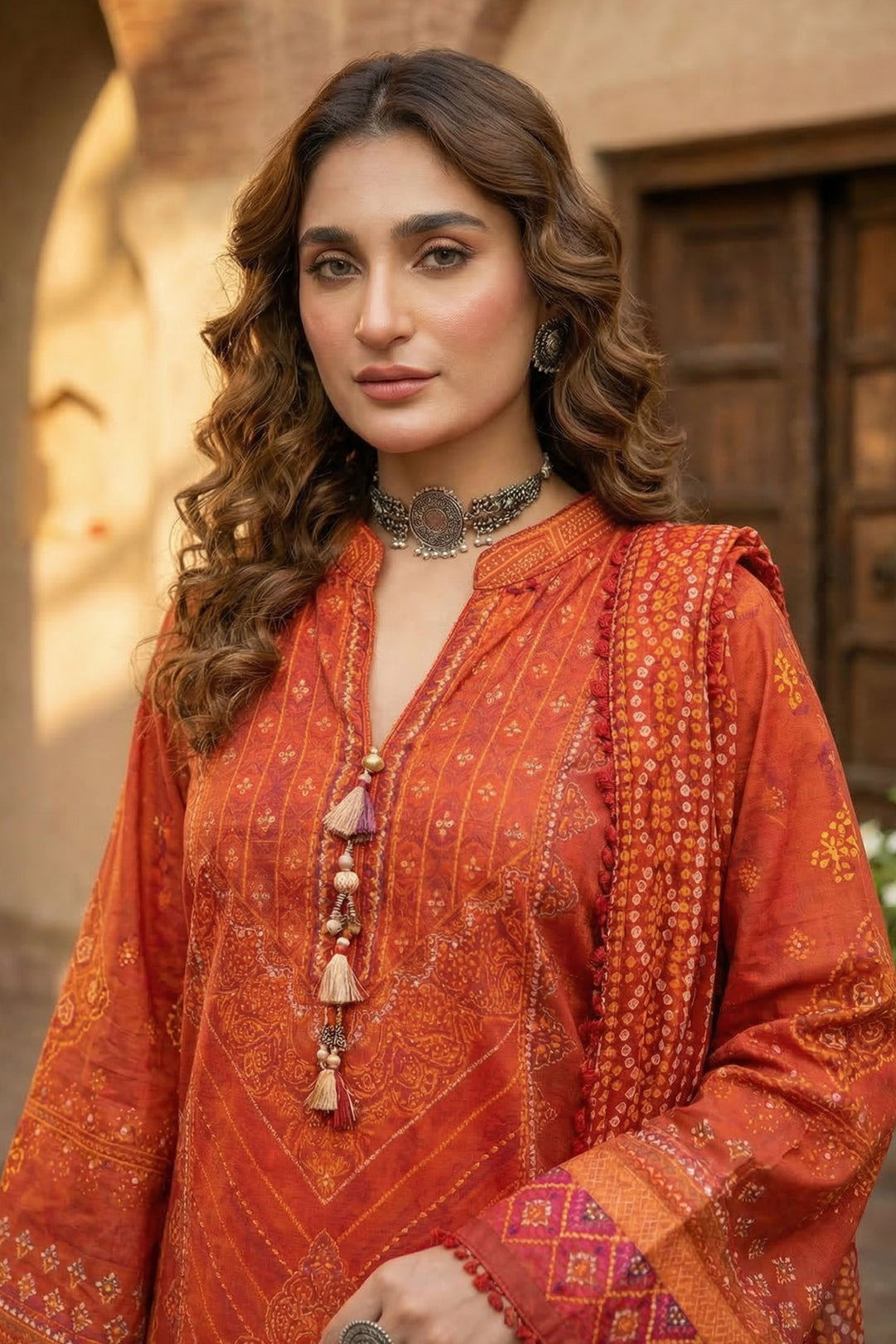 3 Piece Unstitched Orange Premium Printed Lawn