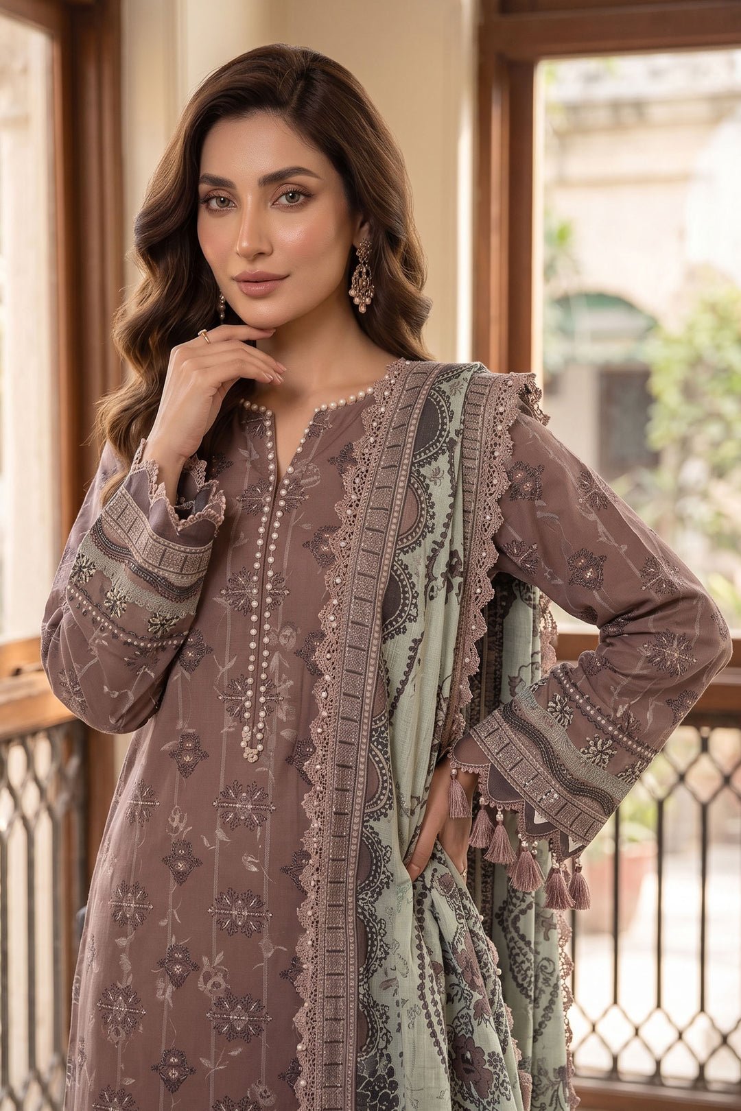 Brown 3 Piece Unstitched Premium Printed Lawn