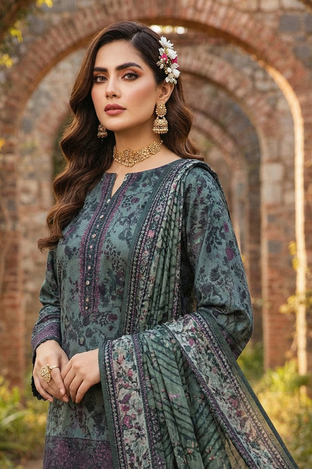 3 Piece Unstitched Feldgrau Green Premium Printed Lawn