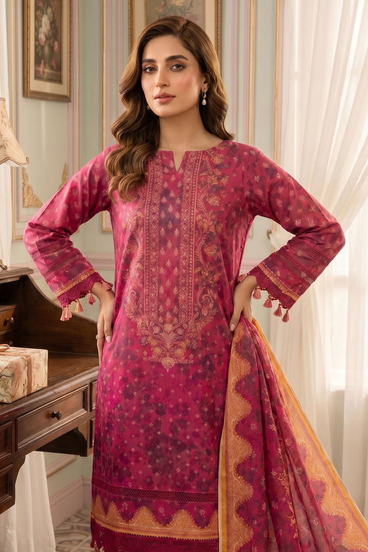 Pinkish Red 3 Piece Unstitched Premium Printed Lawn