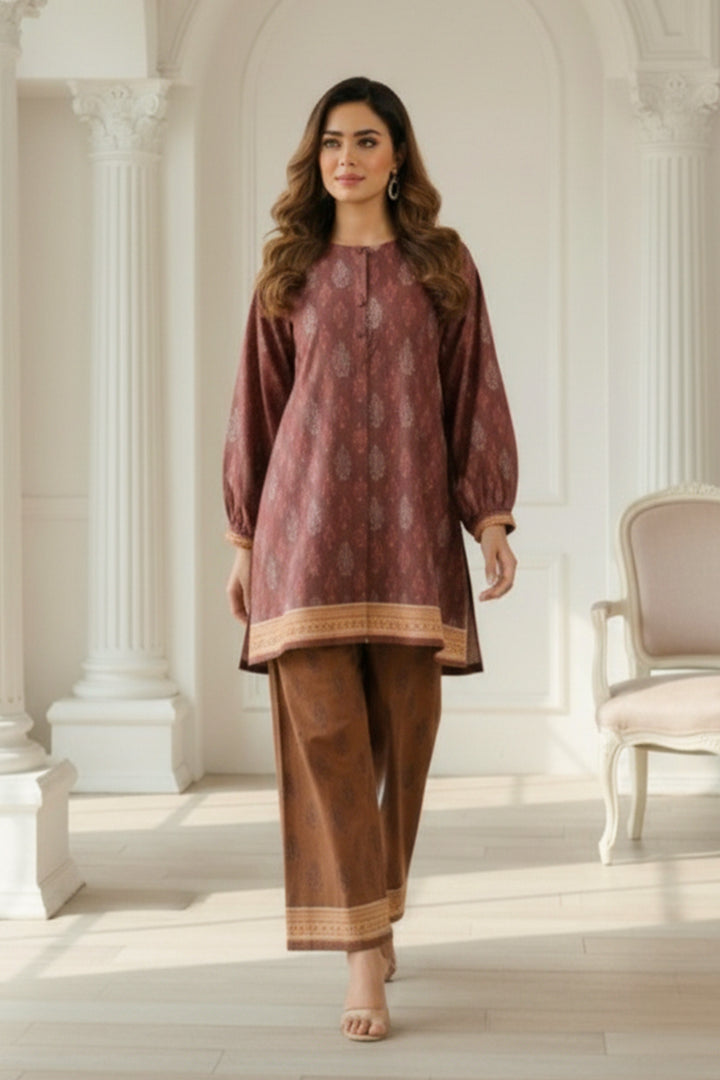2 Pc Unstitched Premium Coffee Printed Co-Ord Set Suit