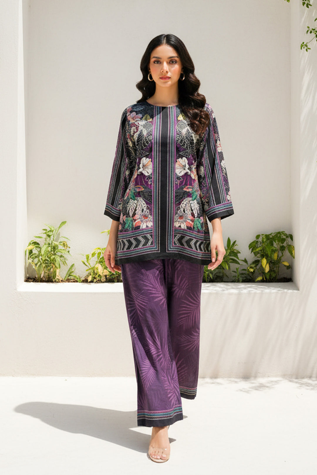 2 Pc Unstitched Premium Dark Purple Printed Co-Ord Set Suit