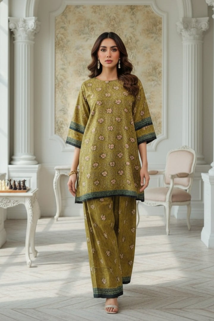 2 Pc Unstitched Premium Dark Tan Printed Co-Ord Set Suit