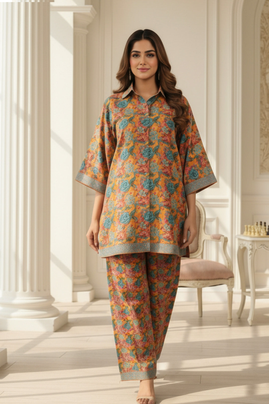 2 Pc Unstitched Premium Dull Orange Printed Co-Ord Set Suit