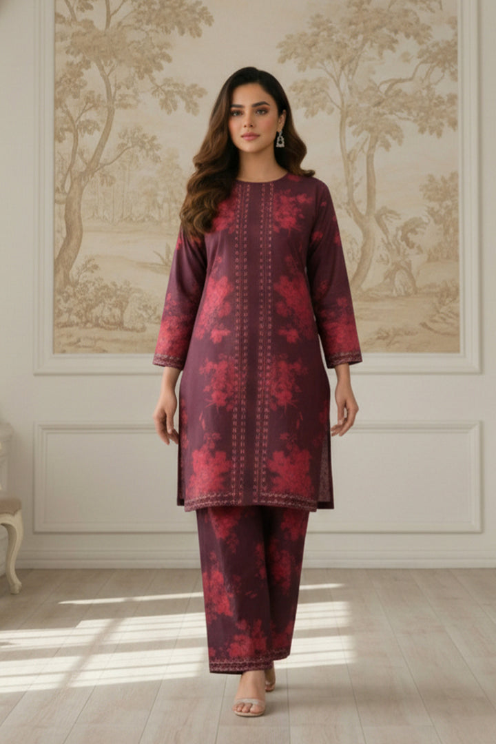 2 Pc Unstitched Premium Maroon Printed Co-Ord Set Suit