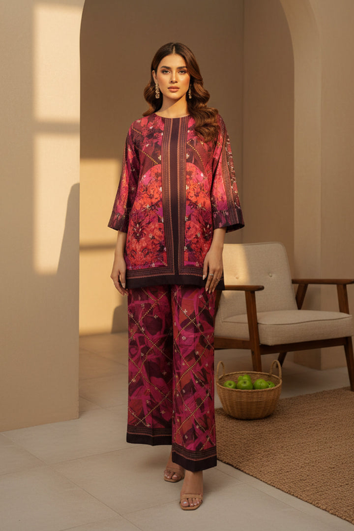 2 Pc Unstitched Premium Printed Red Brown Co-Ord Set By Jacquard Clothing Summer 2026 Collection
