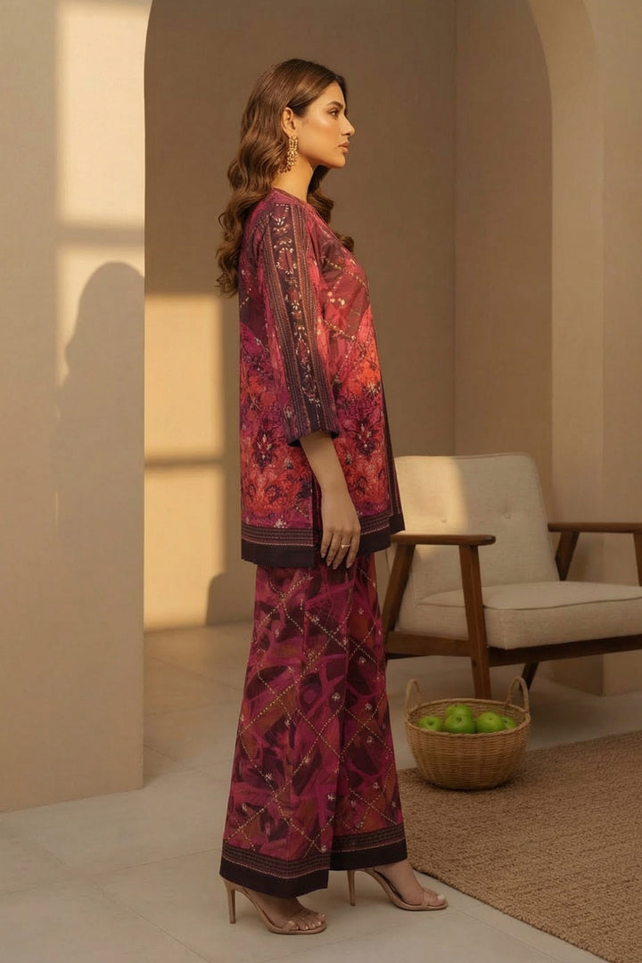 2 Pc Unstitched Premium Printed Red Brown Co-Ord Set By Jacquard Clothing Summer 2026 Collection