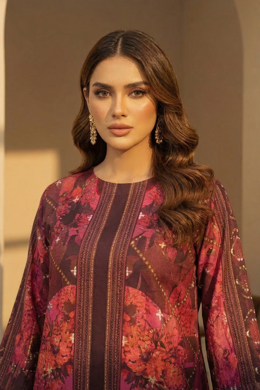 2 Pc Unstitched Premium Printed Red Brown Co-Ord Set By Jacquard Clothing Summer 2026 Collection