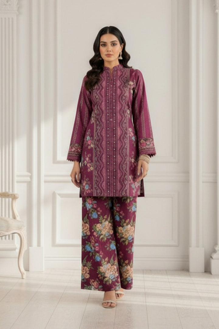 2 Pc Unstitched Premium Wine Printed Co-Ord Set Suit