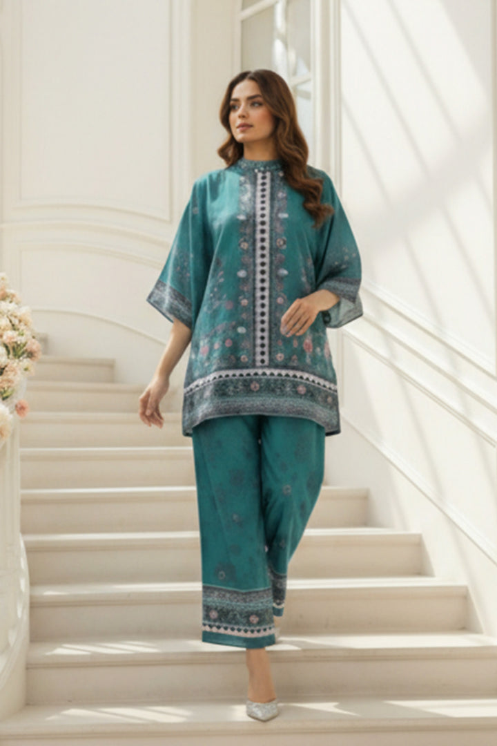 2 Pc Unstitched Premium dark cyan Printed Co-Ord Set Suit