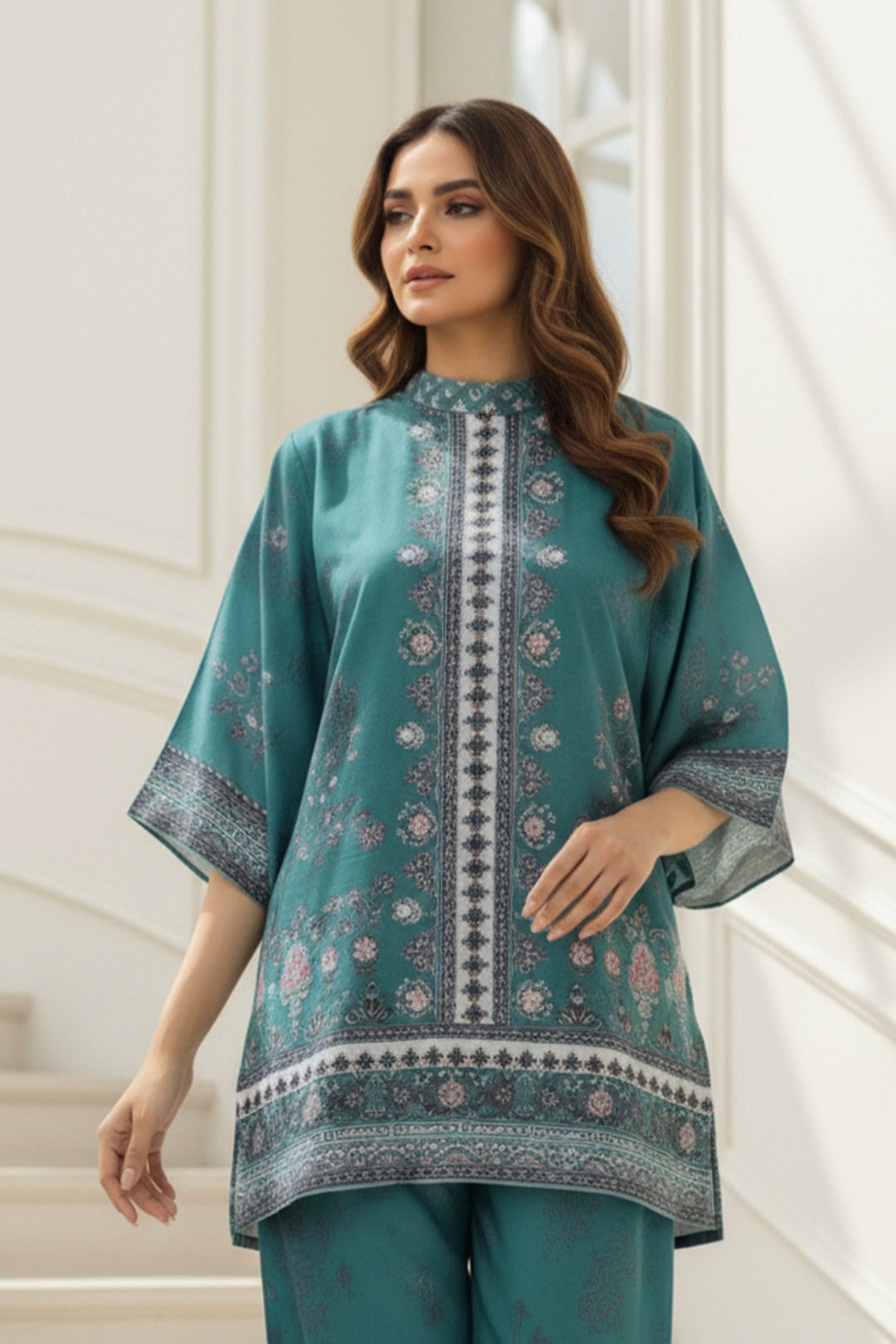 2 Pc Unstitched Premium dark cyan Printed Co-Ord Set Suit