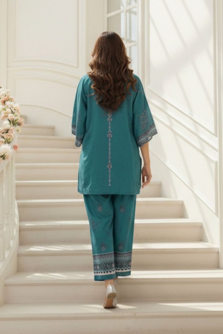 2 Pc Unstitched Premium dark cyan Printed Co-Ord Set Suit