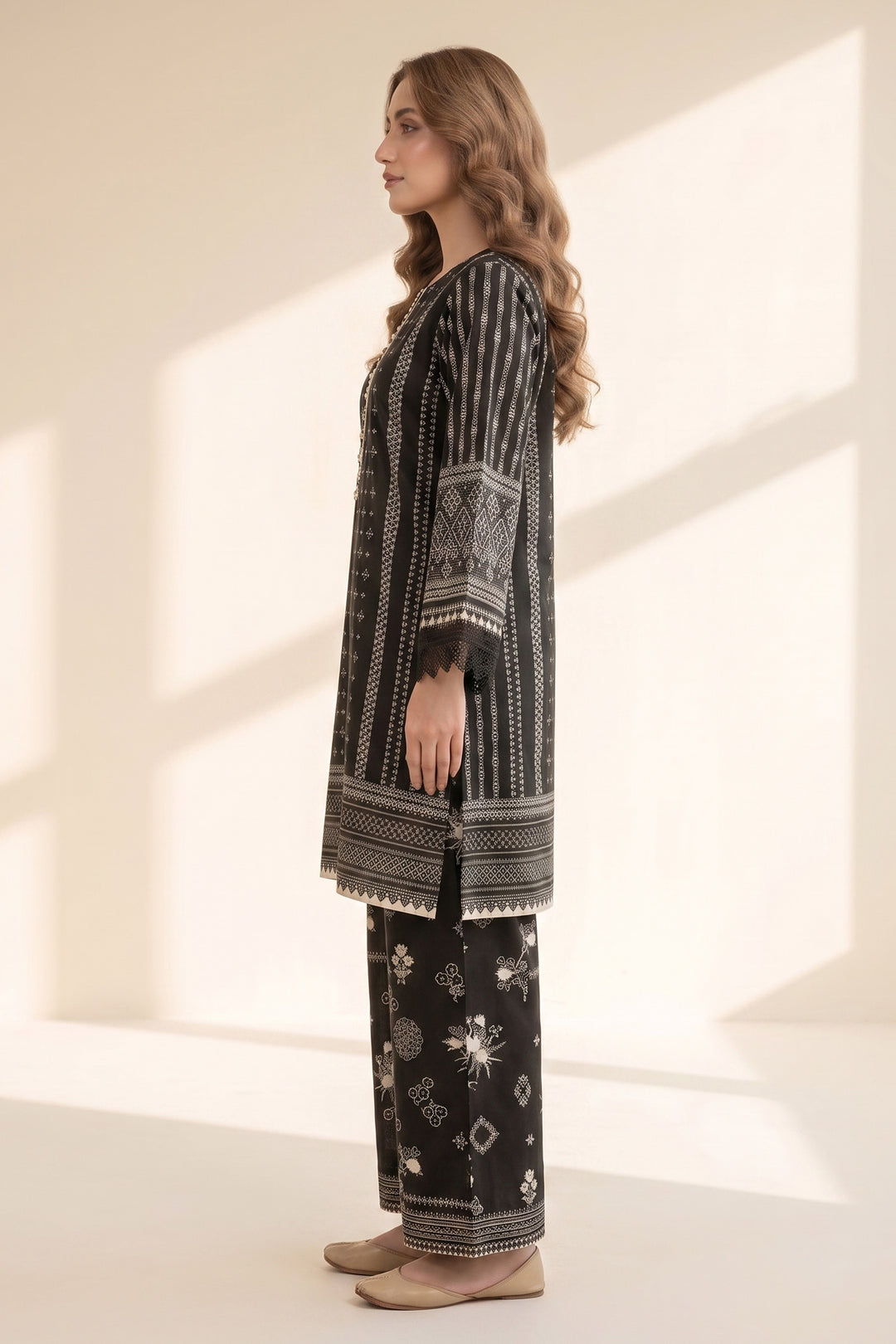 2 Piece Black Unstitched Printed Cambric Co-Ord Set