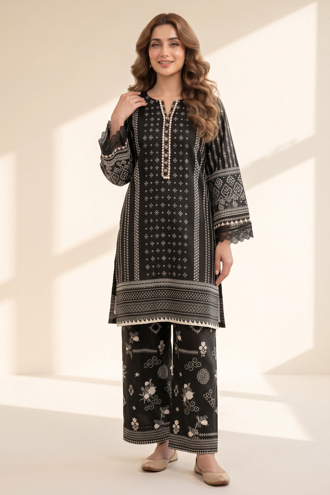 2 Piece Black Unstitched Printed Cambric Co-Ord Set
