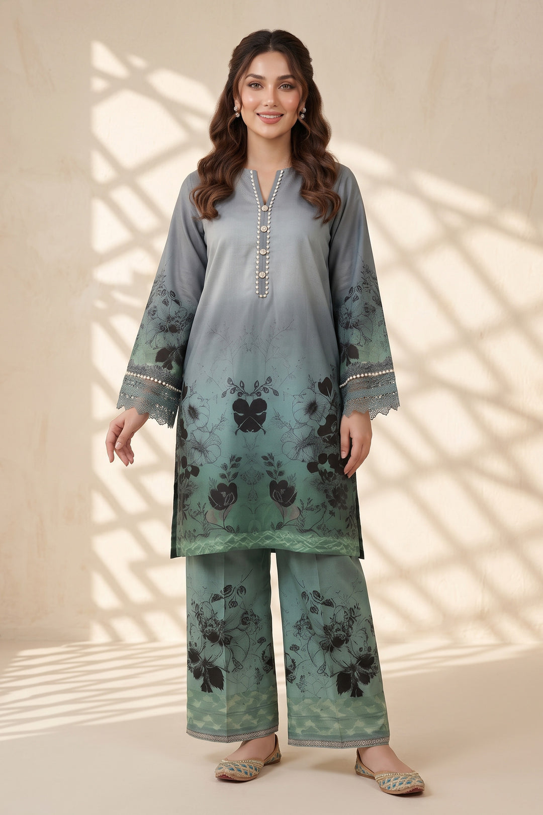 2 Piece Blue Grey Unstitched Printed Cambric Co-Ord Set