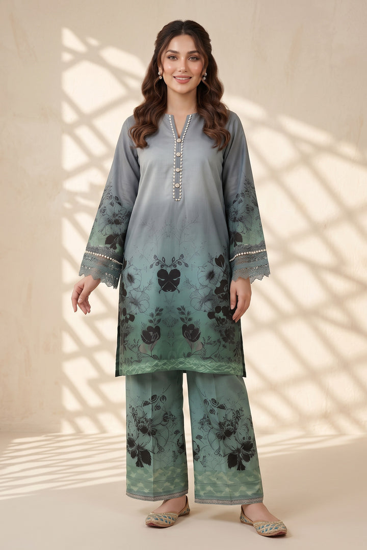 2 Piece Blue Grey Unstitched Printed Cambric Co-Ord Set