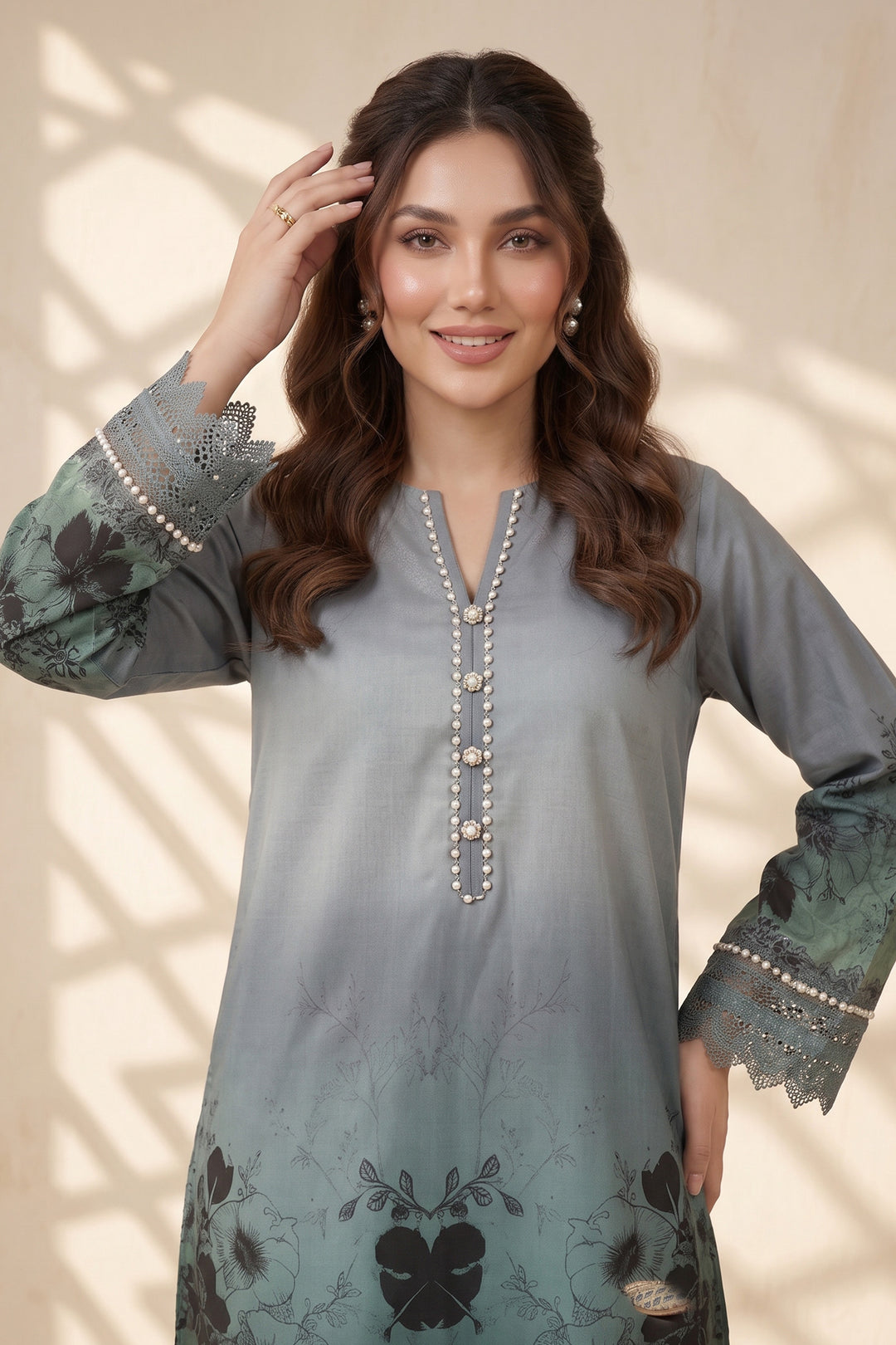 2 Piece Blue Grey Unstitched Printed Cambric Co-Ord Set