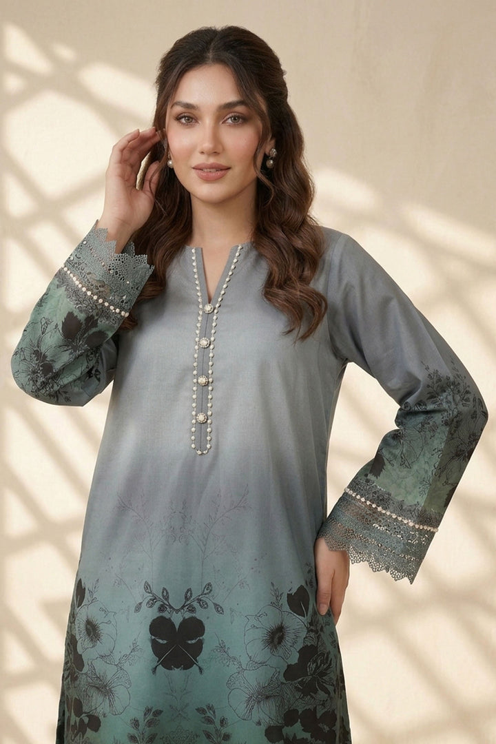 2 Piece Blue Grey Unstitched Printed Cambric Co-Ord Set