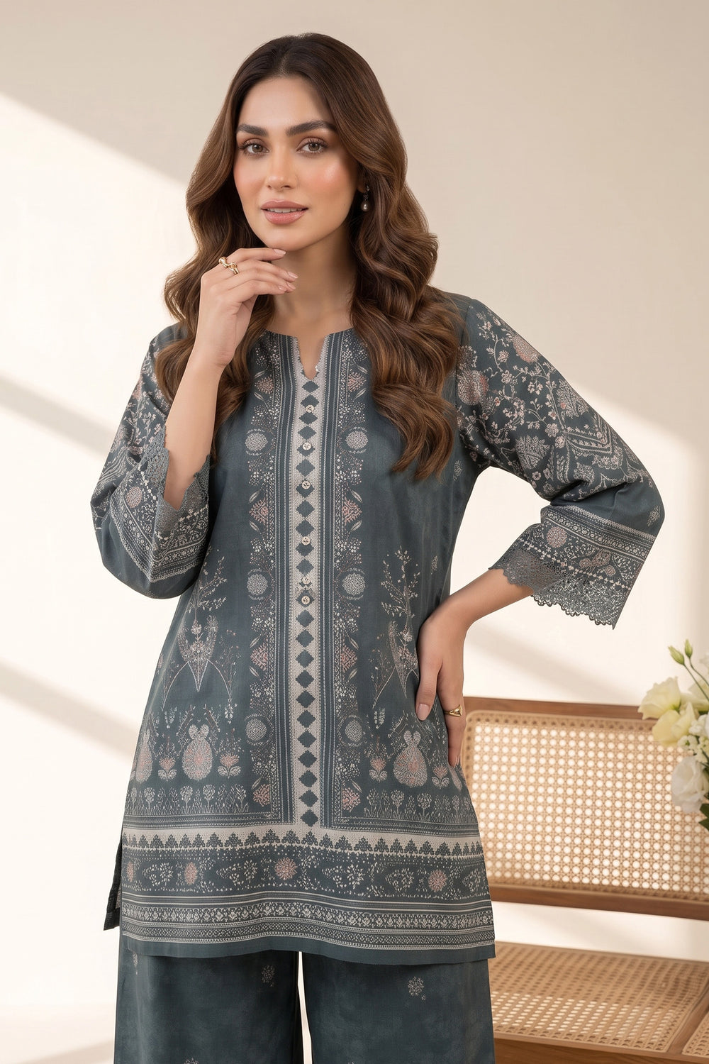 2 Piece Dark Teal Unstitched Printed Cambric Co-Ord Set