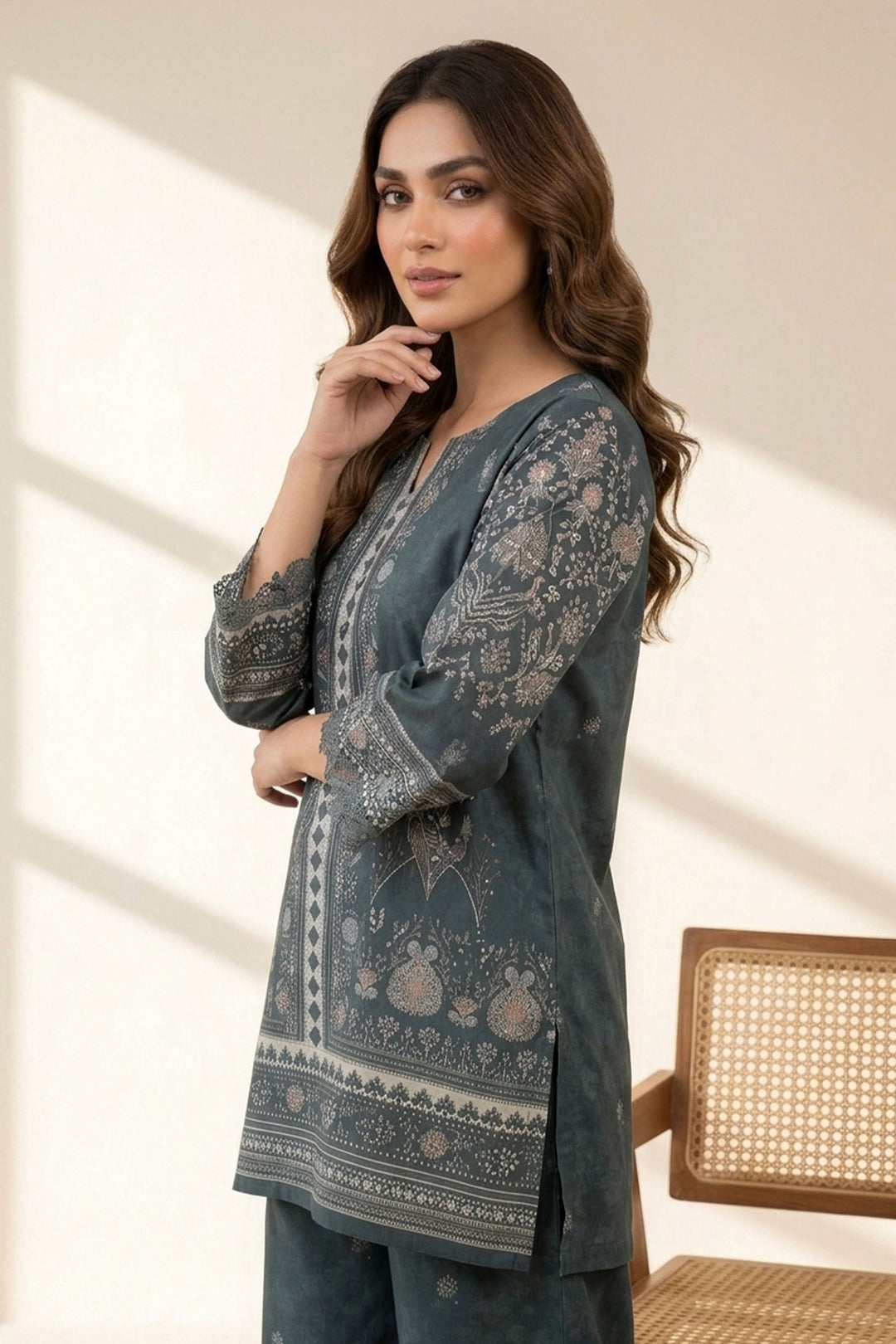 2 Piece Dark Teal Unstitched Printed Cambric Co-Ord Set