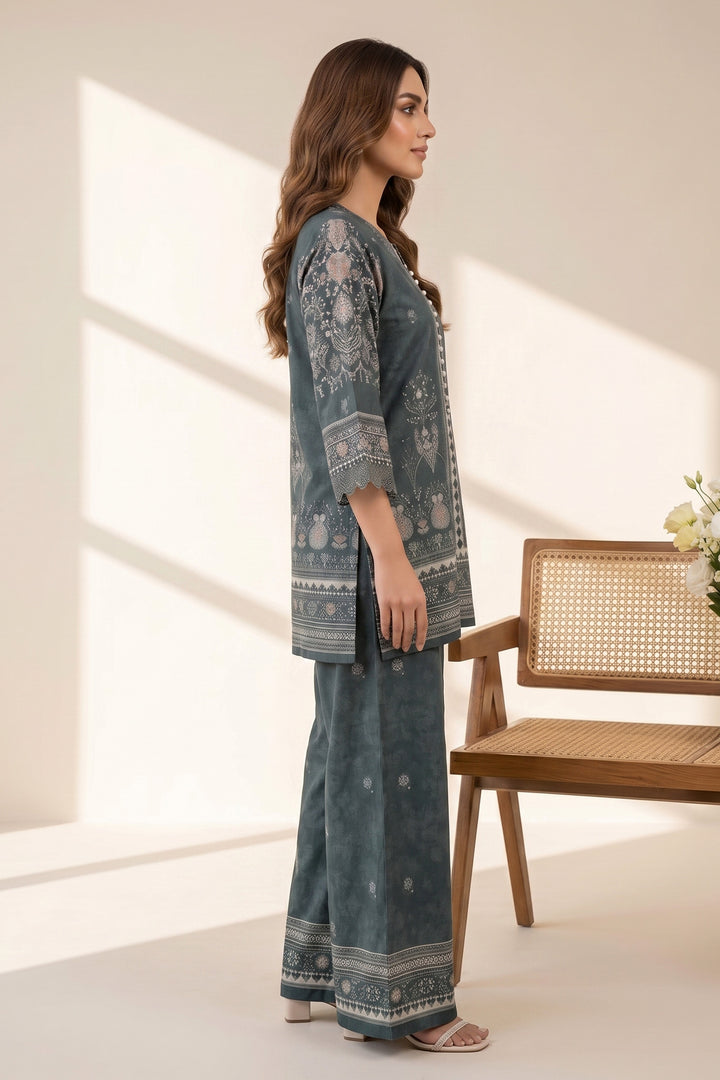 2 Piece Dark Teal Unstitched Printed Cambric Co-Ord Set