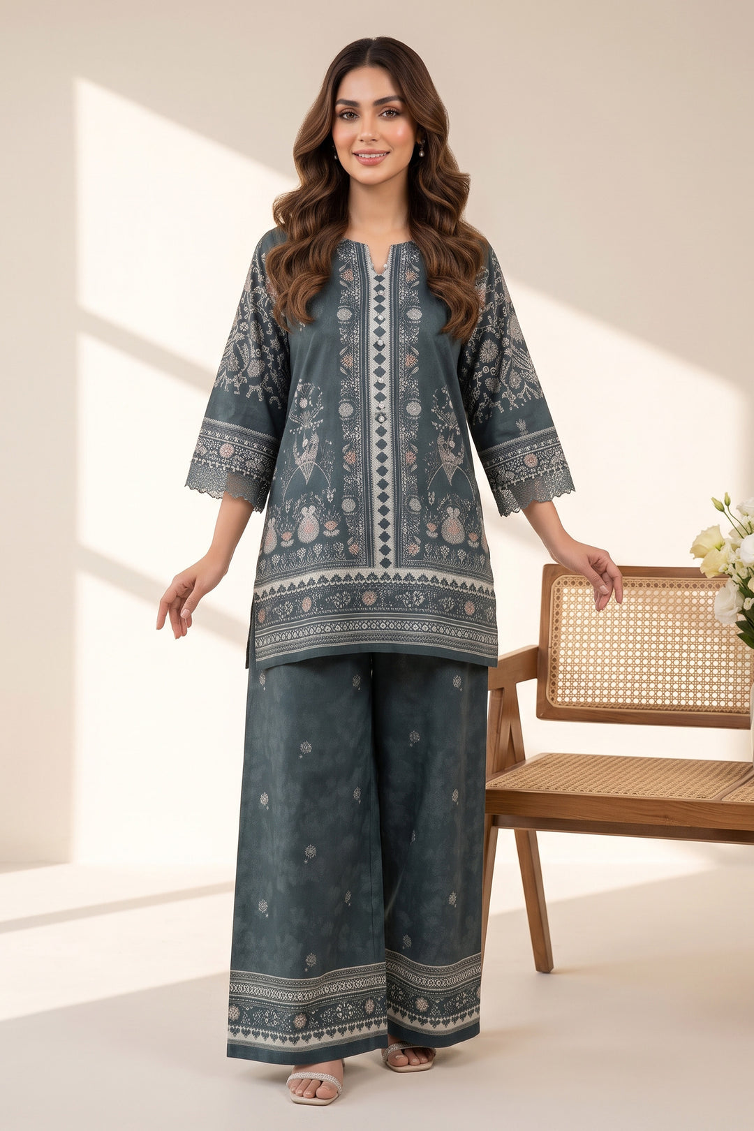 2 Piece Dark Teal Unstitched Printed Cambric Co-Ord Set