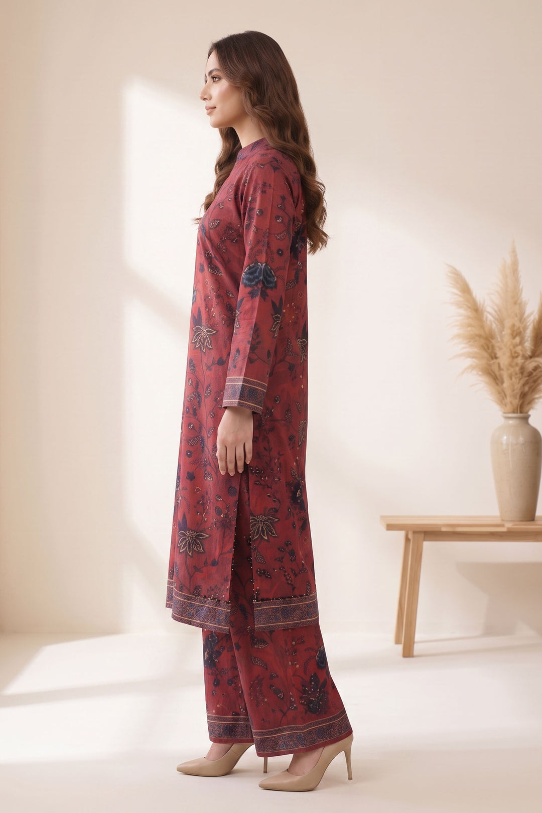 2 Piece Deep Carmine Unstitched Printed Cambric Co-Ord Set