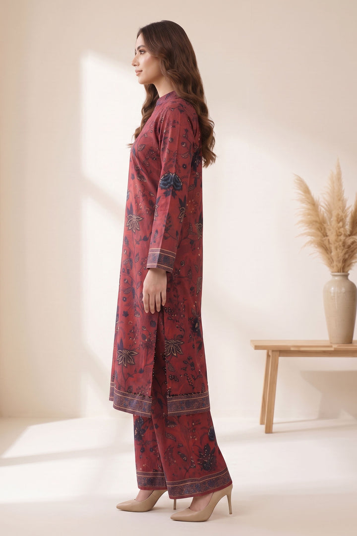 2 Piece Deep Carmine Unstitched Printed Cambric Co-Ord Set
