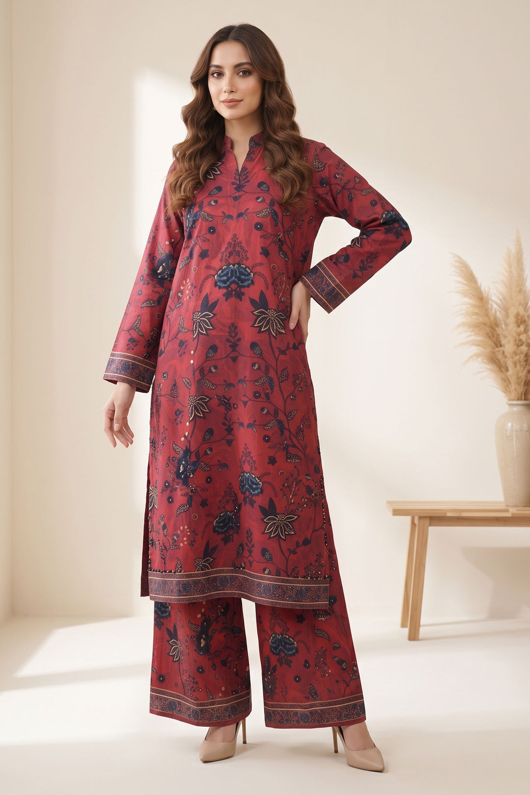 2 Piece Deep Carmine Unstitched Printed Cambric Co-Ord Set