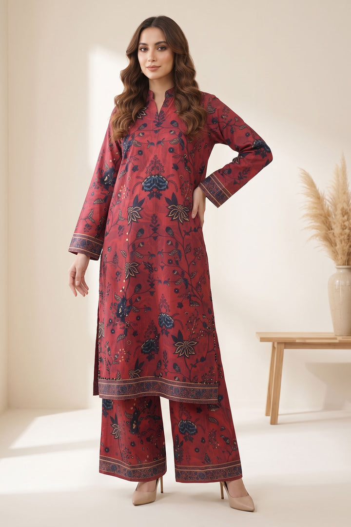 2 Piece Deep Carmine Unstitched Printed Cambric Co-Ord Set