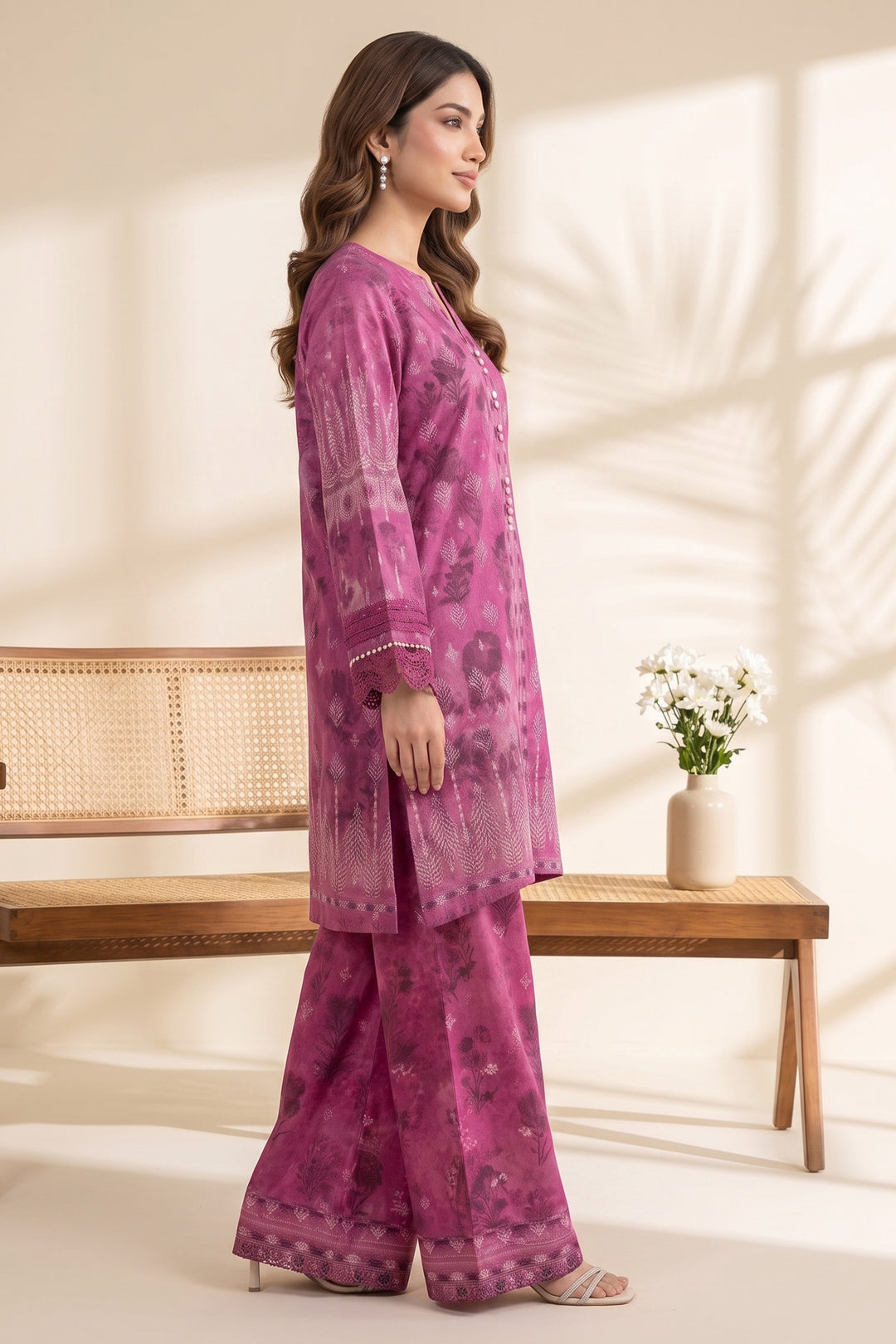 2 Piece Deep Pink Unstitched Printed Cambric Co-Ord Set