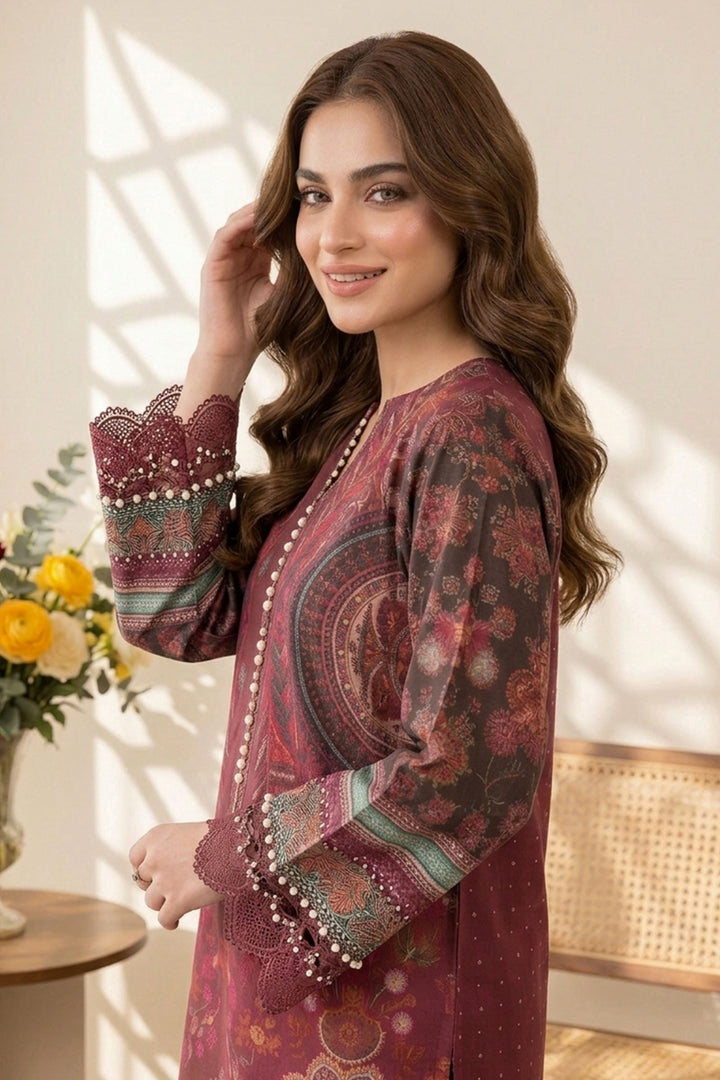 2 Piece Garnet Red Unstitched Printed Cambric Co-Ord Set
