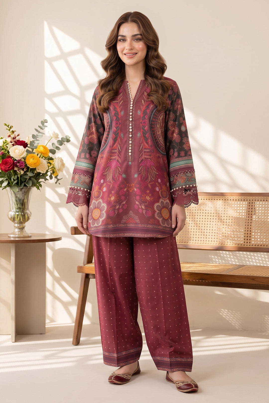 2 Piece Garnet Red Unstitched Printed Cambric Co-Ord Set