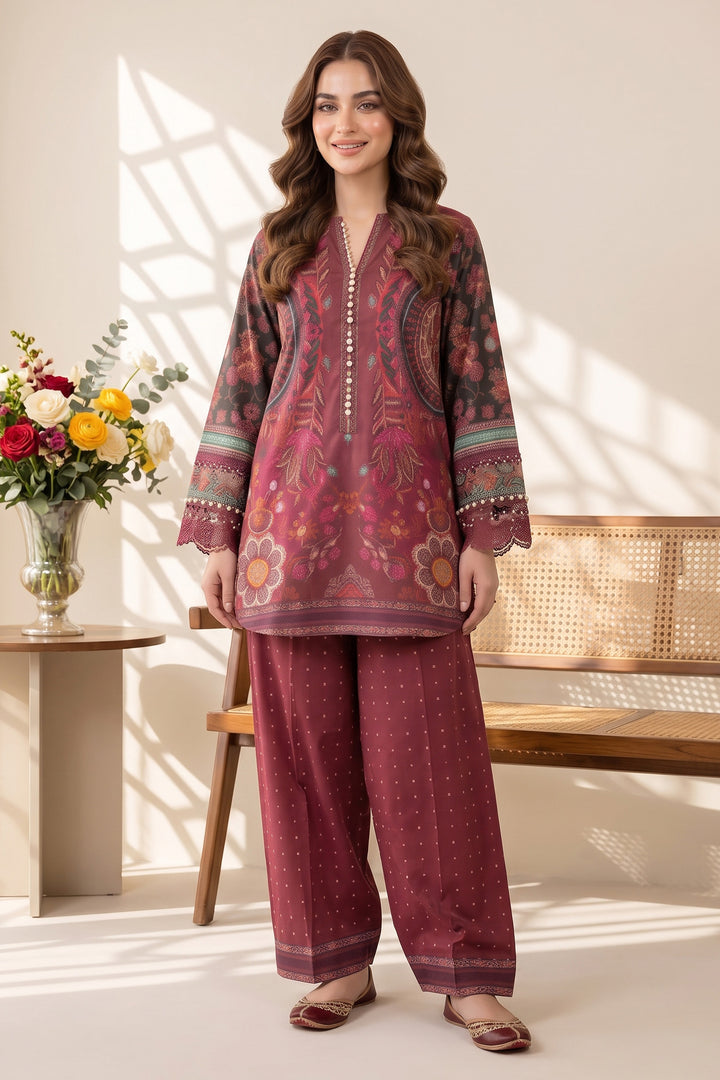 2 Piece Garnet Red Unstitched Printed Cambric Co-Ord Set