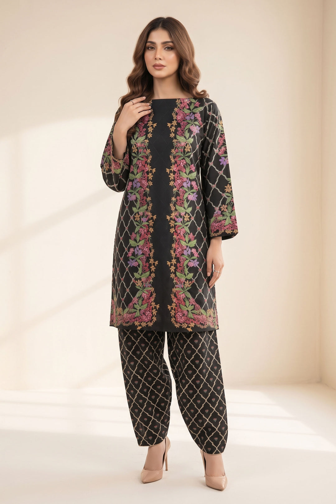 2 Piece Grey And Black Unstitched Printed Cambric Co-Ord Set