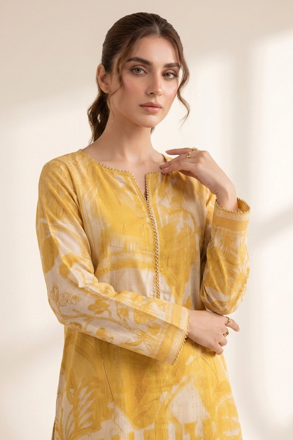 2 Piece Naples Yellow Unstitched Printed Cambric Co-Ord Set