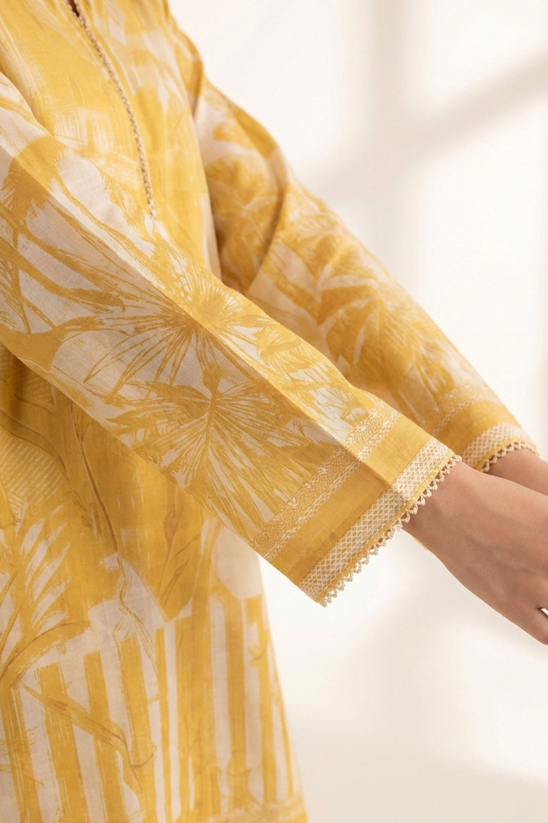 2 Piece Naples Yellow Unstitched Printed Cambric Co-Ord Set