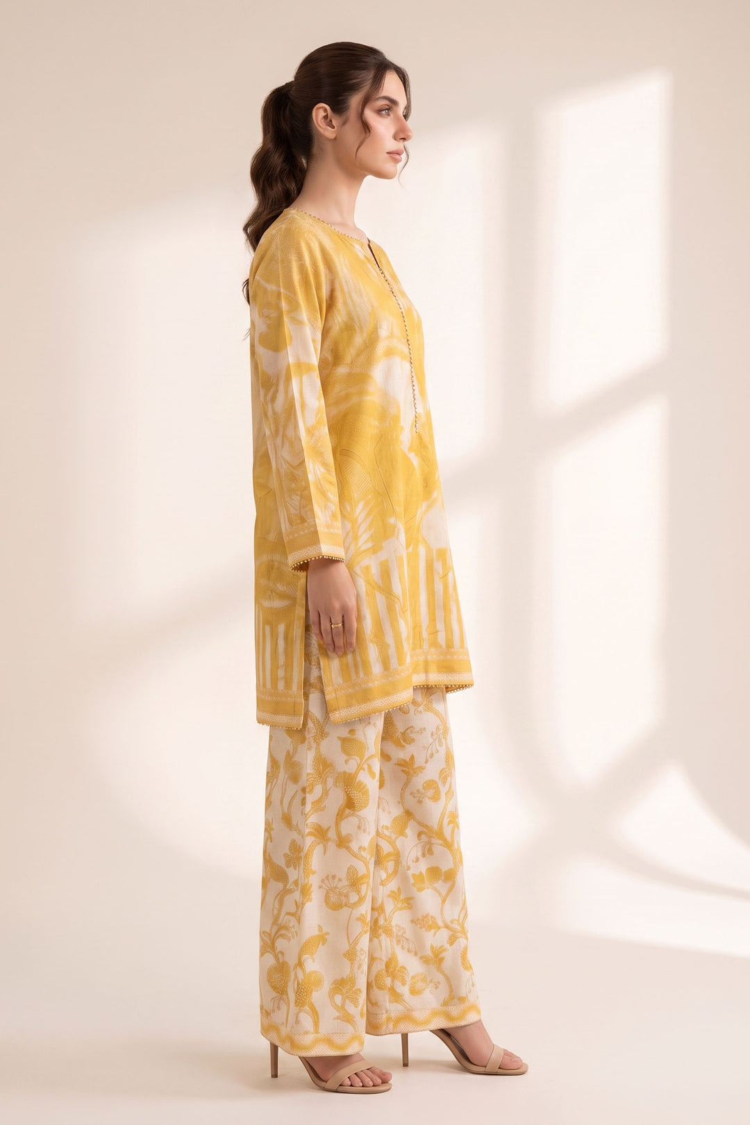 2 Piece Naples Yellow Unstitched Printed Cambric Co-Ord Set