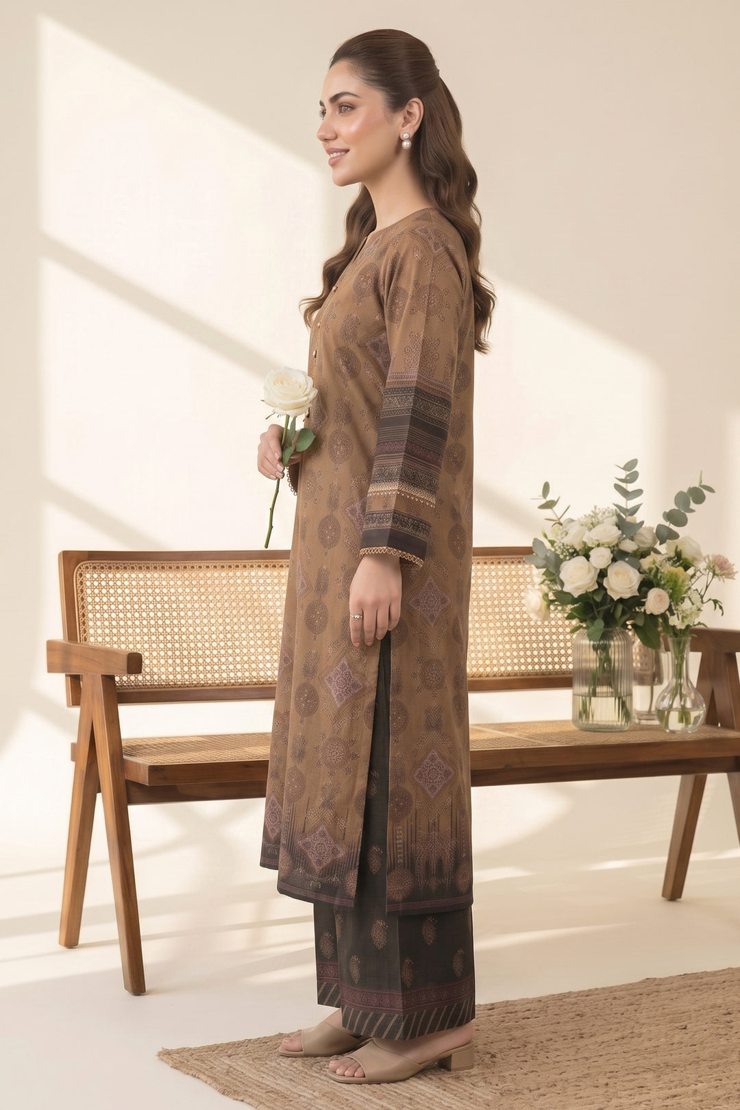 2 Piece Pastel Brown Unstitched Printed Cambric Co-Ord Set
