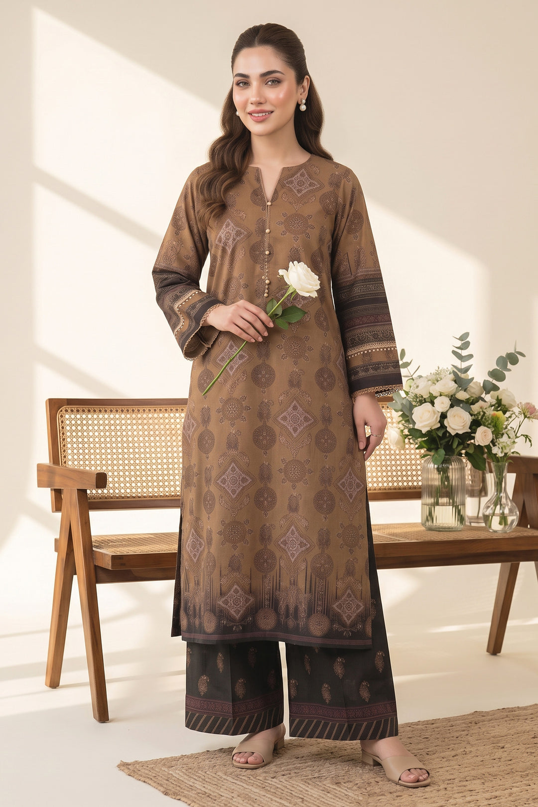 2 Piece Pastel Brown Unstitched Printed Cambric Co-Ord Set
