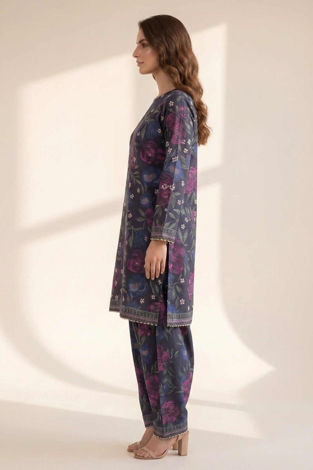 2 Piece Purple Taupe Unstitched Printed Cambric Co-Ord Set