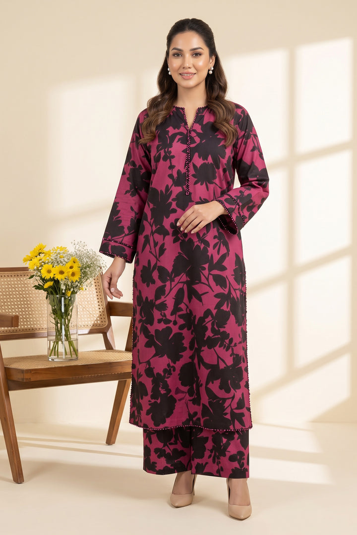 2 Piece  Shocking Pink Unstitched Printed Cambric Co-Ord Set