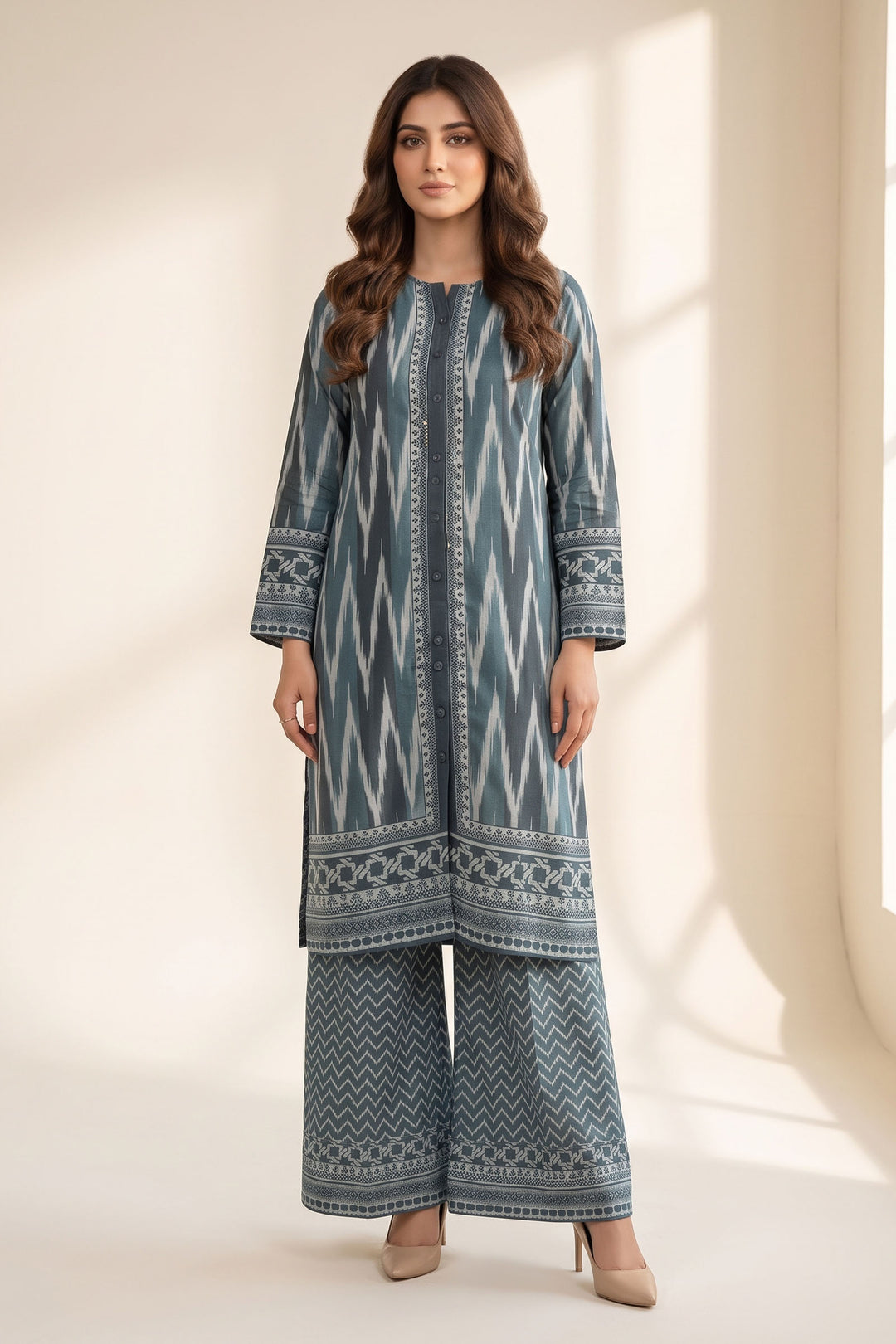 2 Piece Teal Blue Unstitched Printed Cambric Co-Ord Set
