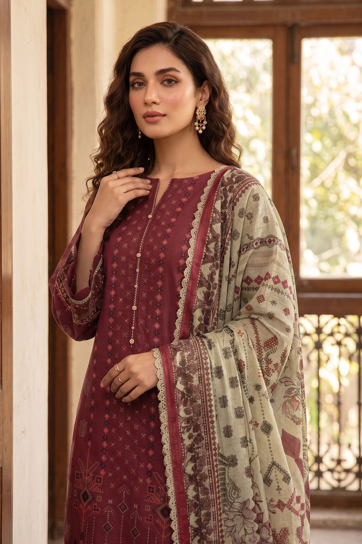 burgundy 3 Piece Unstitched Premium Printed Lawn