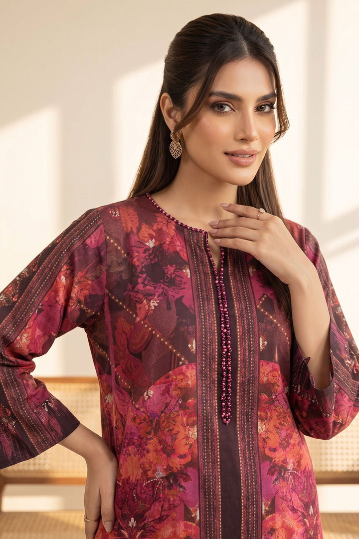 Red Brown 2 Piece Unstitched Printed Cambric Co-Ord Set